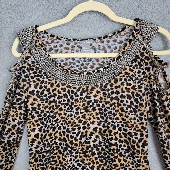 C. Oliver Blouse M Leopard Print Cold Shoulder Stretchy Silver Bead Embellished - Picture 16 of 16